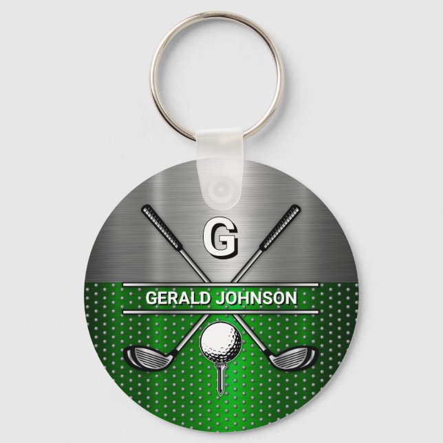 Golf Monogram Metallic Green and Silver Keychain (Front)