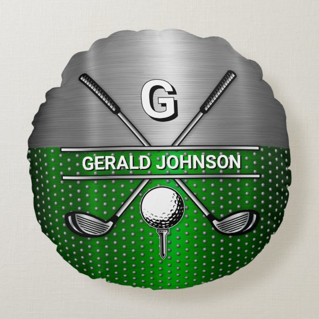 Golf Monogram Metallic Green and Silver Round Pillow (Front)