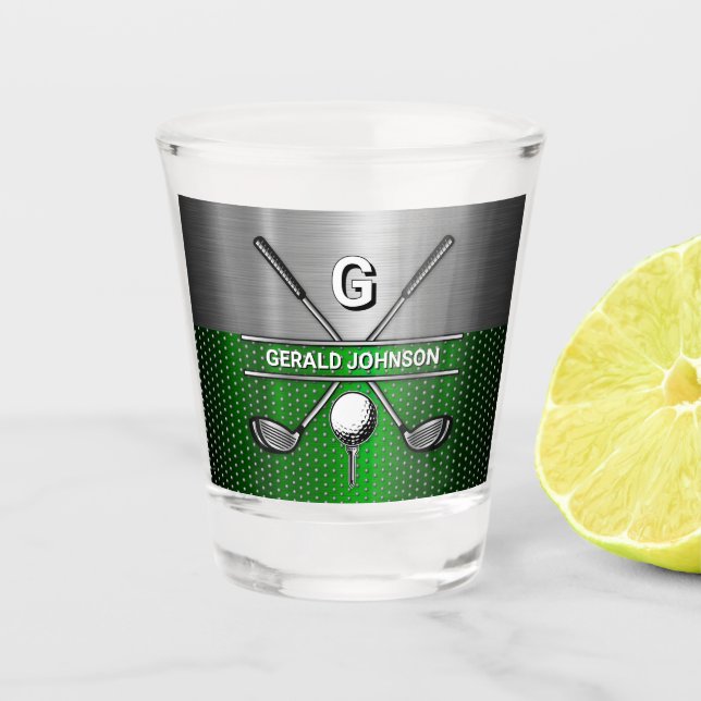 Golf Monogram Metallic Green and Silver Shot Glass (Front)