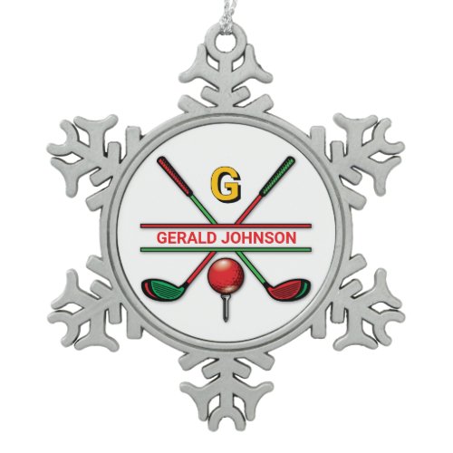 Golf Monogram Metallic Green and Silver Snowflake Pewter Christmas Ornament