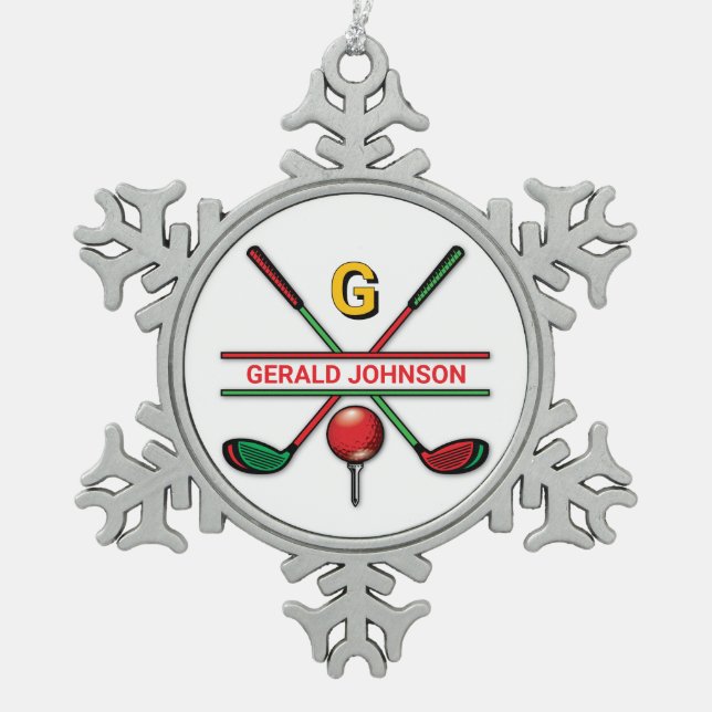 Golf Monogram Metallic Green and Silver Snowflake Pewter Christmas Ornament (Front)