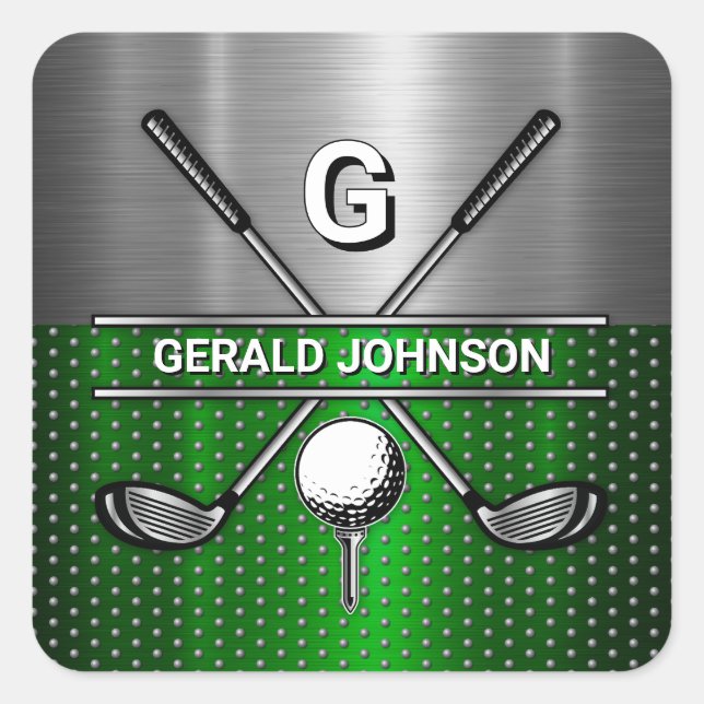 Golf Monogram Metallic Green and Silver Square Sticker (Front)