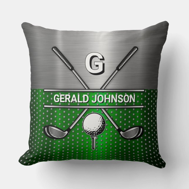 Golf Monogram Metallic Green and Silver Throw Pillow (Front)