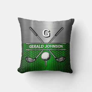 Golf Monogram Metallic Green and Silver Throw Pillow