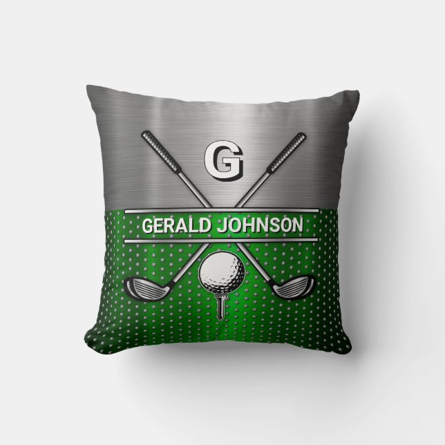 Golf Monogram Metallic Green and Silver Throw Pillow (Front)