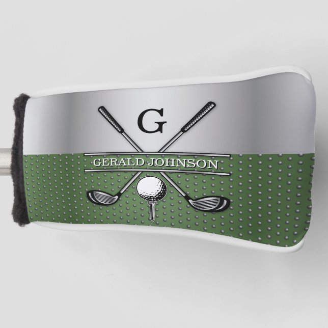Golf Monogram Silver and Green Design Golf Head Cover (Front)