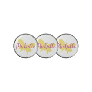 Golf muted yellow butterfly script pink name ball marker
