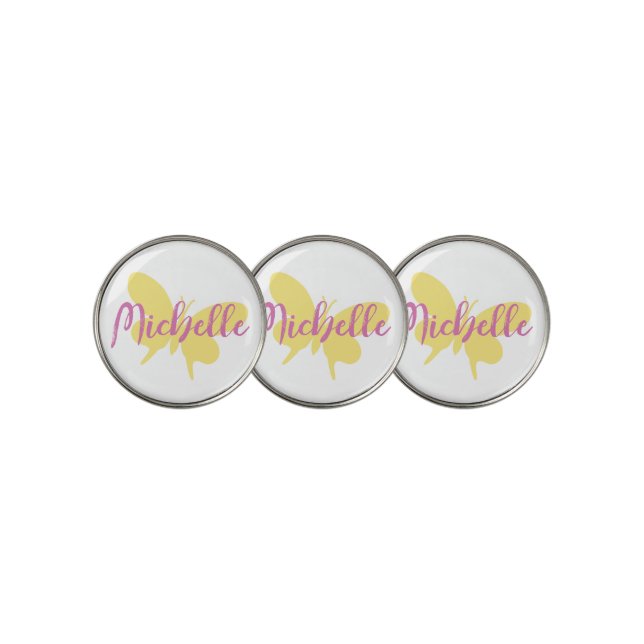 Golf muted yellow butterfly script pink name golf ball marker (3 Up)