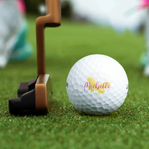 Golf muted yellow butterfly script pink name golf balls