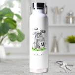 Golf Name Monogram Water Bottle<br><div class="desc">This elegant monogram water bottle features a stylish gray watercolor golf bag filled with clubs, surrounded by a touch of green grass. The design incorporates a classic serif font initial monogram on the bag, blending seamlessly into the artwork. Below the monogram, the full name is displayed in a matching serif...</div>