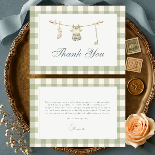 Golf New to Club Gingham Sage Green Baby Shower Thank You Card