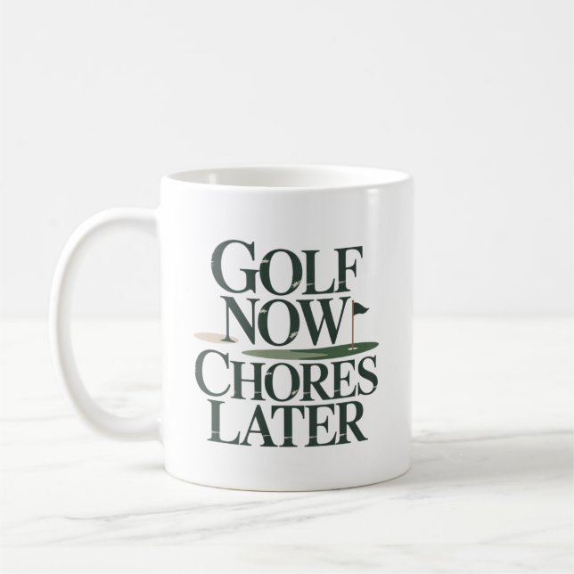 Golf Now Chores Later Retro Golf Humor Coffee Mug (Left)