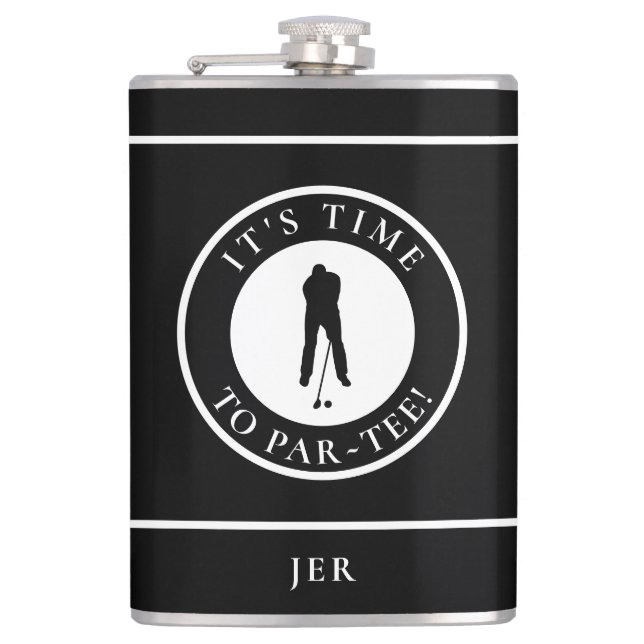 Golf Par-Tee Funny Golfer Monogram Black For Him Flask (Front)