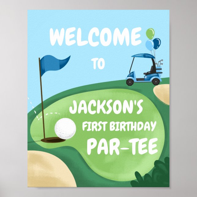 Golf Par-Tee Hole in One Boy Birthday Blue Welcome Poster (Front)