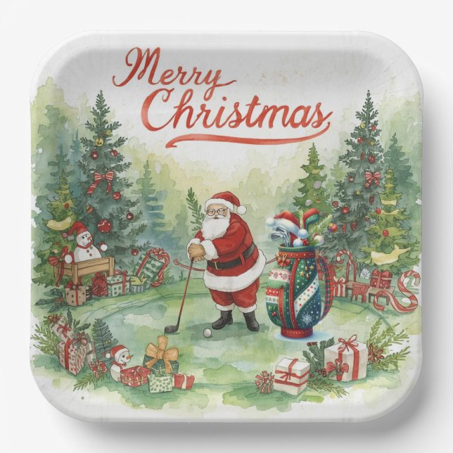 Golf Par tee party Santa Claus Christmas funny  Paper Plates (Front)
