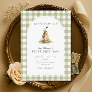 Golf Par-Tee Sage Green Gingham 1st Birthday Invitation