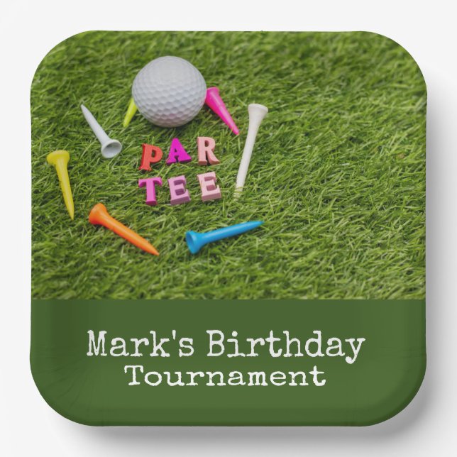 Golf  Par tee with golf ball on green Paper Plates (Front)