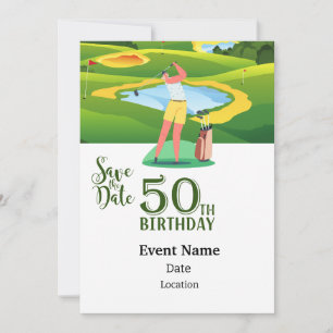 Golf Party  50th Birthday Save  Date woman golfer Invitation