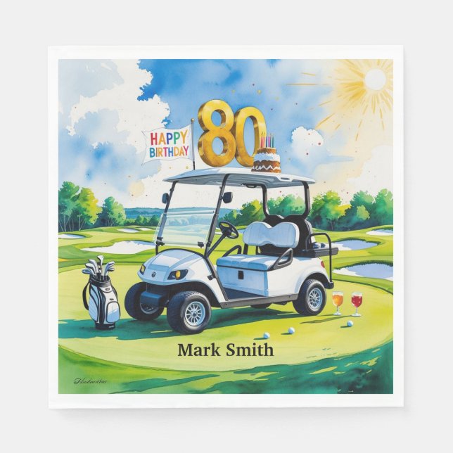Golf Party  80th Birthday with golf cart on green  Napkins (Front)