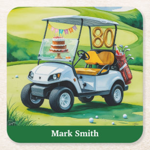 Golf Party  80th Birthday with golf cart on green  Square Paper Coaster