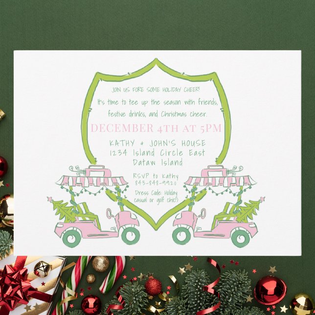 Golf Party Pink Golf Carts Green Crest Christmas Invitation (Creator Uploaded)