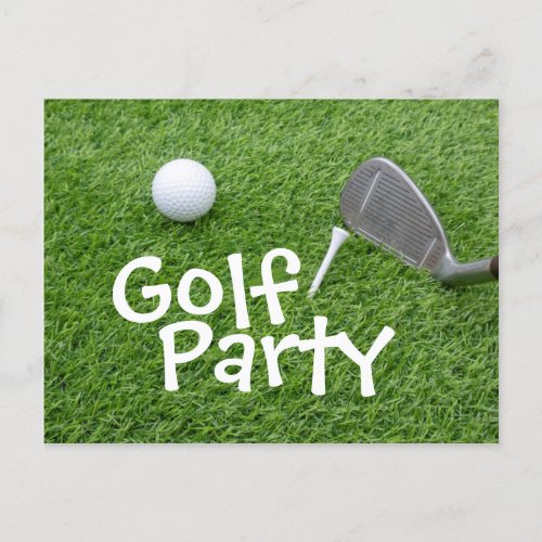 Golf Party with golf ball and tee on green grass Invitation Postcard