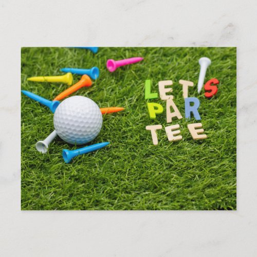 Golf party with golf ball and tee on green grass postcard