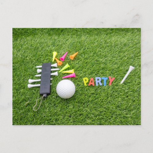 Golf Party with golf ball with colourful tees Announcement Postcard