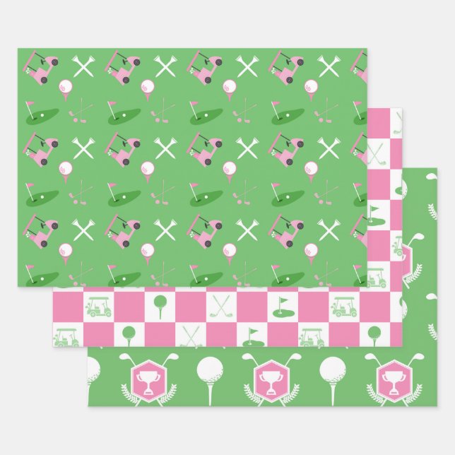 Golf Party Wrapping Paper–3 Sheet Set Pink / Green (Set)