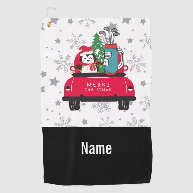 Golf Penguin golfer with golf cart Merry Christmas Towel (Front)