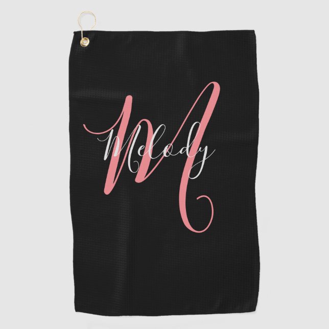 Golf Pink  Monogram with white script on black Golf Towel (Front)