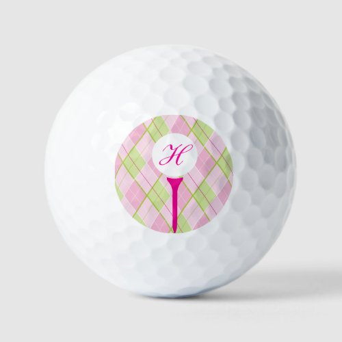 Golf pink plaid monogram initial golf balls