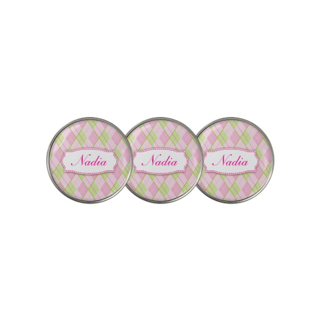 Golf pink plaid personalized name golf markers (3 Up)