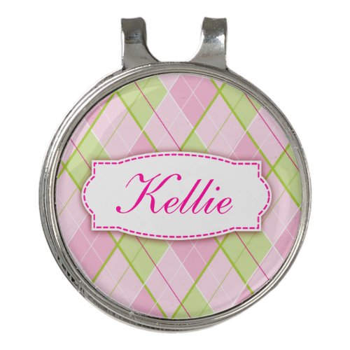 Golf pink plaid personalized name marker golf hat clip