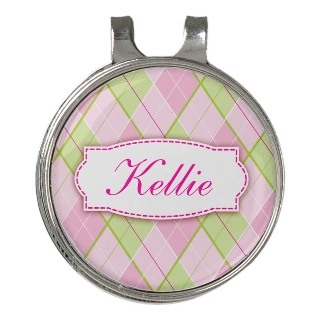 Golf pink plaid personalized name marker hat clip (Front)
