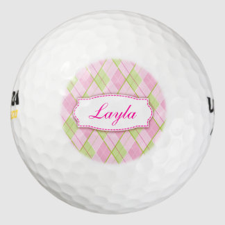 Golf pink plaid personalized named golf balls