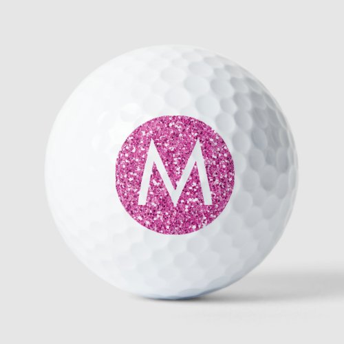 Golf Pink Simple Monogram Initial Sparkly Golf Balls