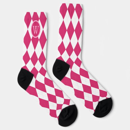 Golf Pink White Argyle Pattern Monogram Socks