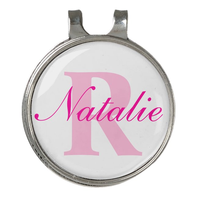 Golf pink white monogram name & initial  hat clip (Front)