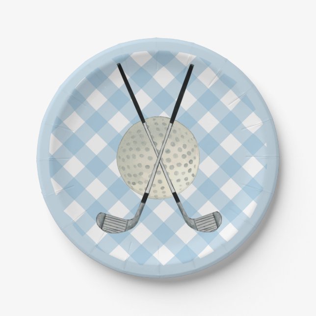 Golf Plaid Blue White Preppy Country Club Paper Plates (Front)