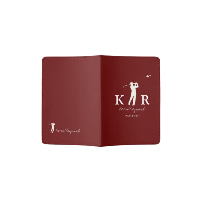 Golf Player Classy Monogram Dark-Red Passport Holder (Opened)