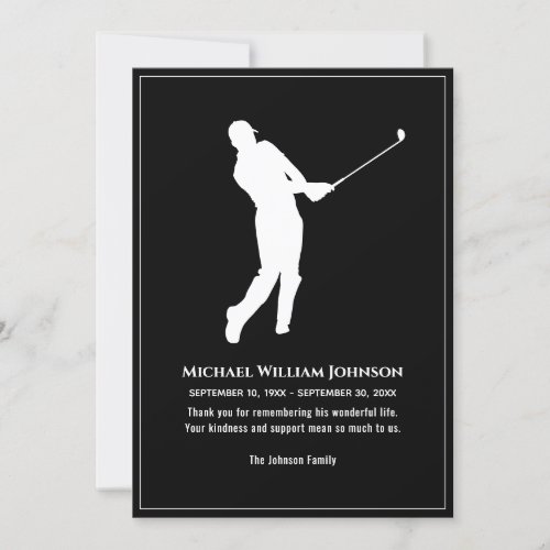 Golf Player Funeral Memorial Black And White Thank You Card
