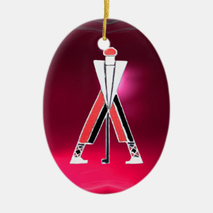 GOLF PLAYER,GOLFER RED PINK RUBY MONOGRAM CERAMIC ORNAMENT