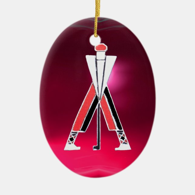 GOLF PLAYER,GOLFER RED PINK RUBY MONOGRAM CERAMIC ORNAMENT (Front)