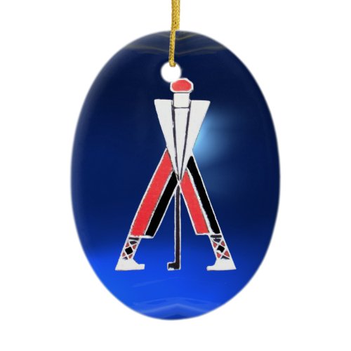 GOLF PLAYER,GOLFER RED RUBY,BLUE SAPPHIRE MONOGRAM CERAMIC ORNAMENT