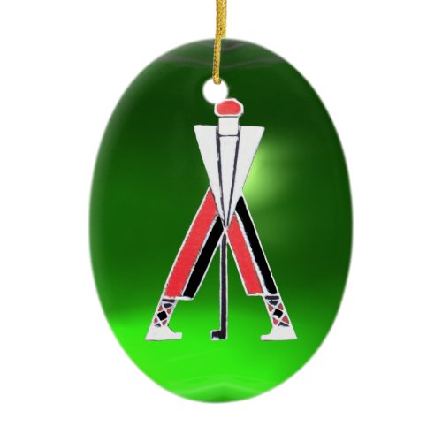 GOLF PLAYER,GOLFER RED RUBY,GREEN EMERALD MONOGRAM CERAMIC ORNAMENT