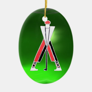GOLF PLAYER,GOLFER RED RUBY,GREEN EMERALD MONOGRAM CERAMIC ORNAMENT