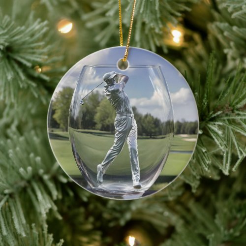 Golf Player In A Glass Tumbler With Golf Course, Ceramic Ornament