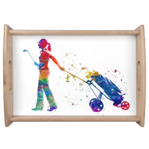 Golf player in watercolor serving tray