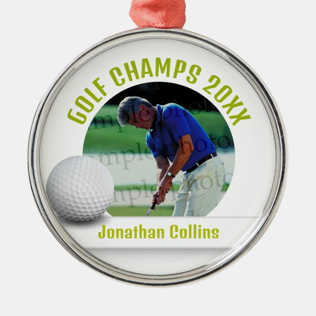Golf Player Photo | Golf Champs 20XX Metal Ornament (Front)